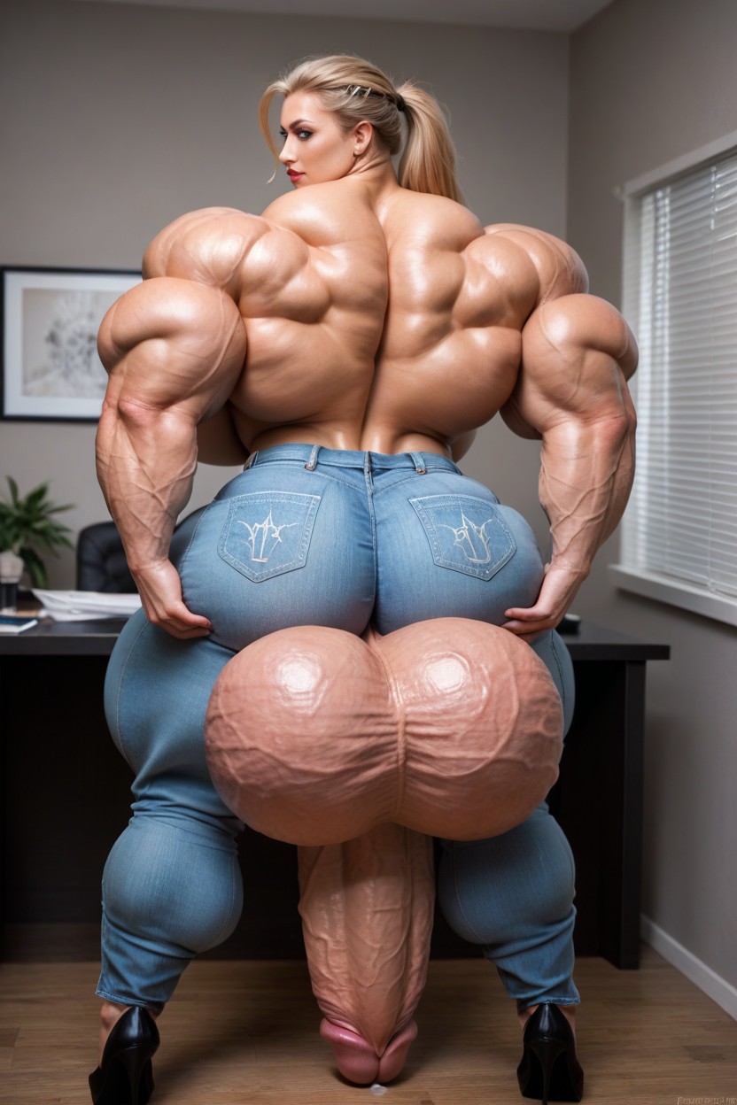 Tense Right Asscheek, Extremely Muscular, Hyper Huge Massive Muscles Shemale AI Porn