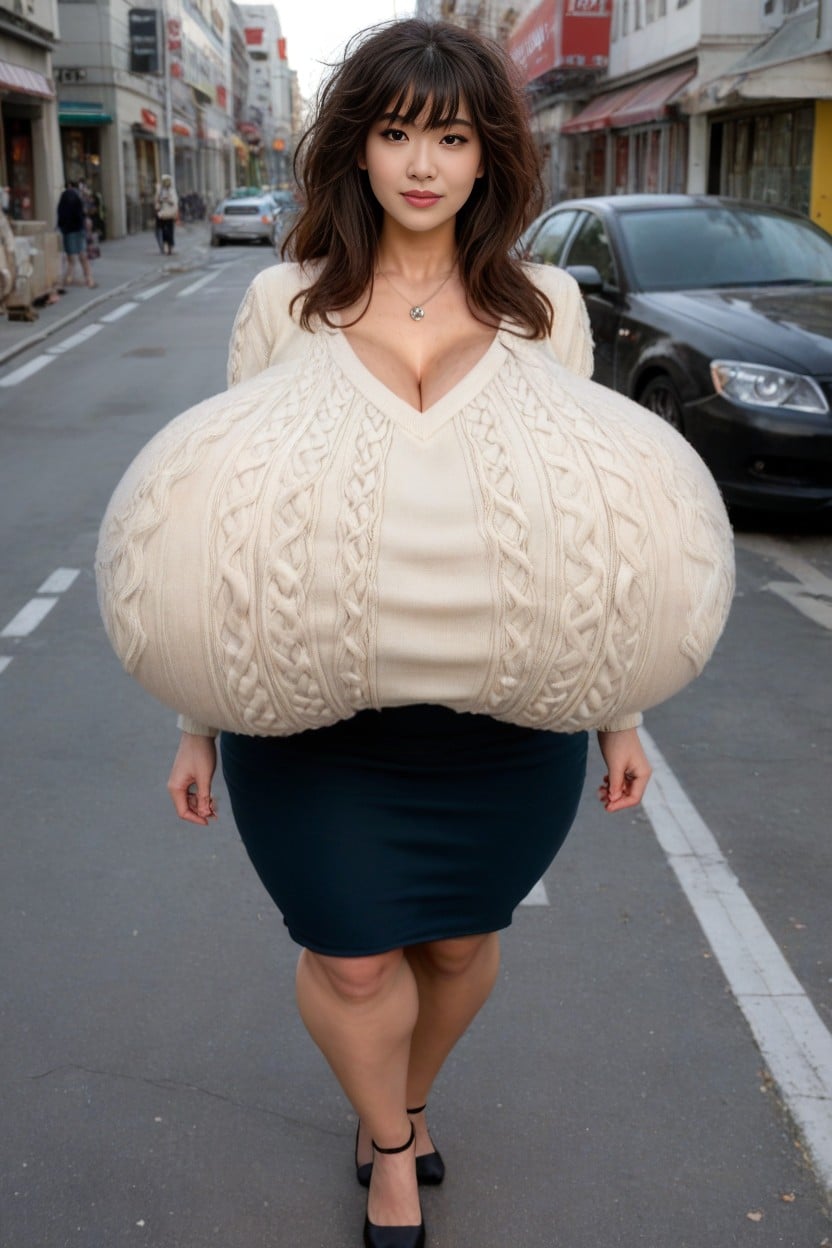 Gigantic Breasts Reaches The Thighs, Disproportionately Huge Breasts, Japanese Woman AI Porn