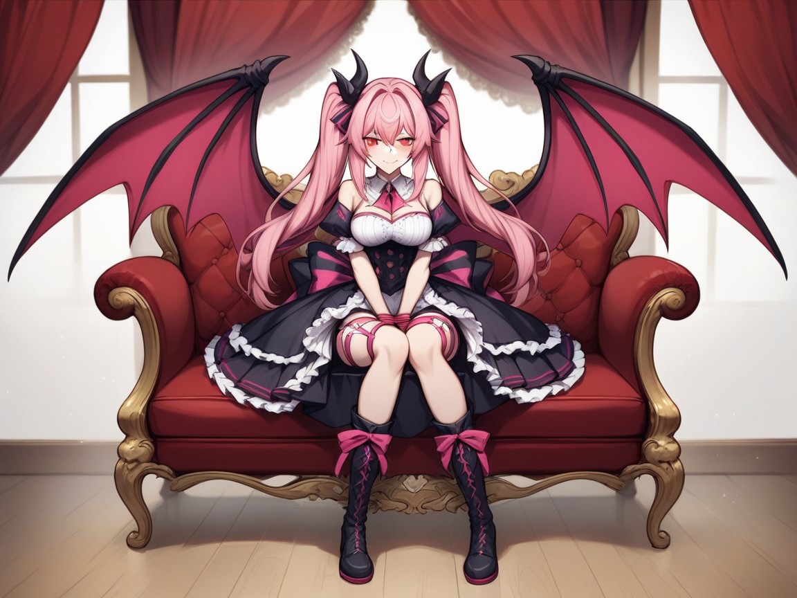Two Long Pink Pigtails Held By Black Hairpieces Bat Wings, Cm Body, Red Eyes Hentai AI Porn