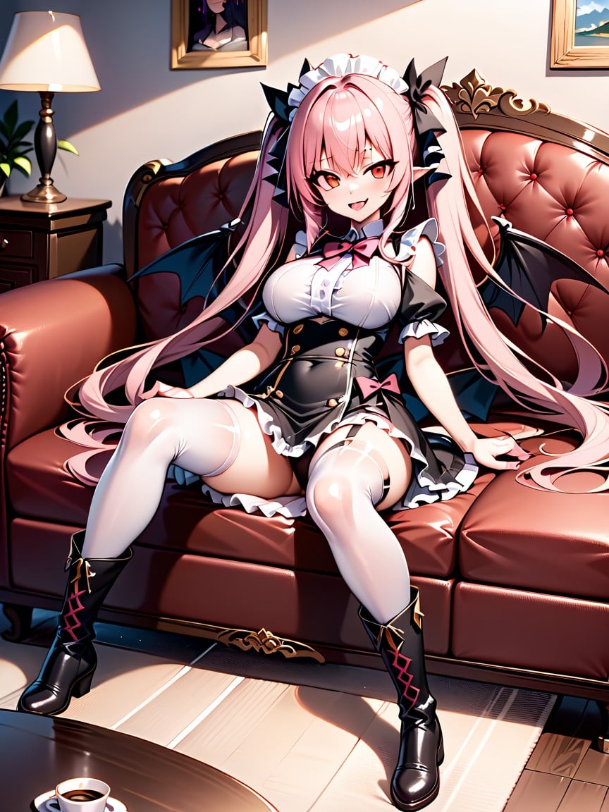 Couch, Vampire, Two Long Pink Pigtails Held By Black Hairpieces Bat Wings Hentai AI Porn