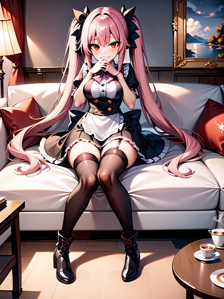 Two Long Pink Pigtails Held By Black Hairpieces Bat Wings, Couch, Night Hentai AI Porn