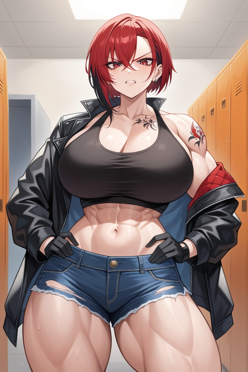 Muscular Woman, Bobcut, Red Hair AI Porn