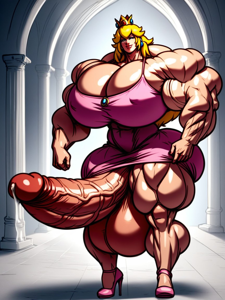 Hyper Gigantic Massive Muscles Princess Peach, Smug Expression, Front View Hentai AI Porn