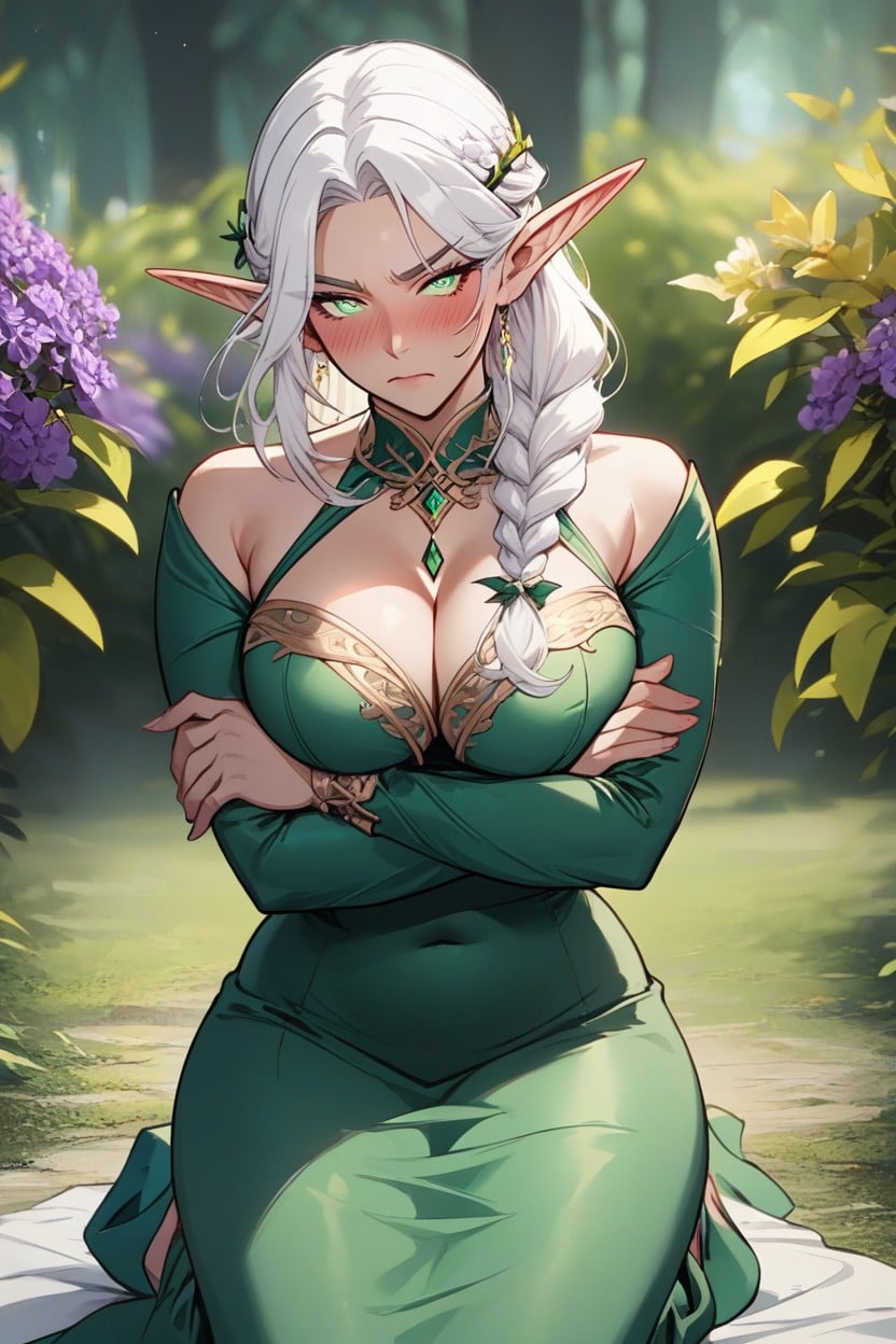 Fullbody Floral Fitting Green Outfit Elf Woman, Elf Mommy, Kneeling Elf Woman Hentai AI Porn