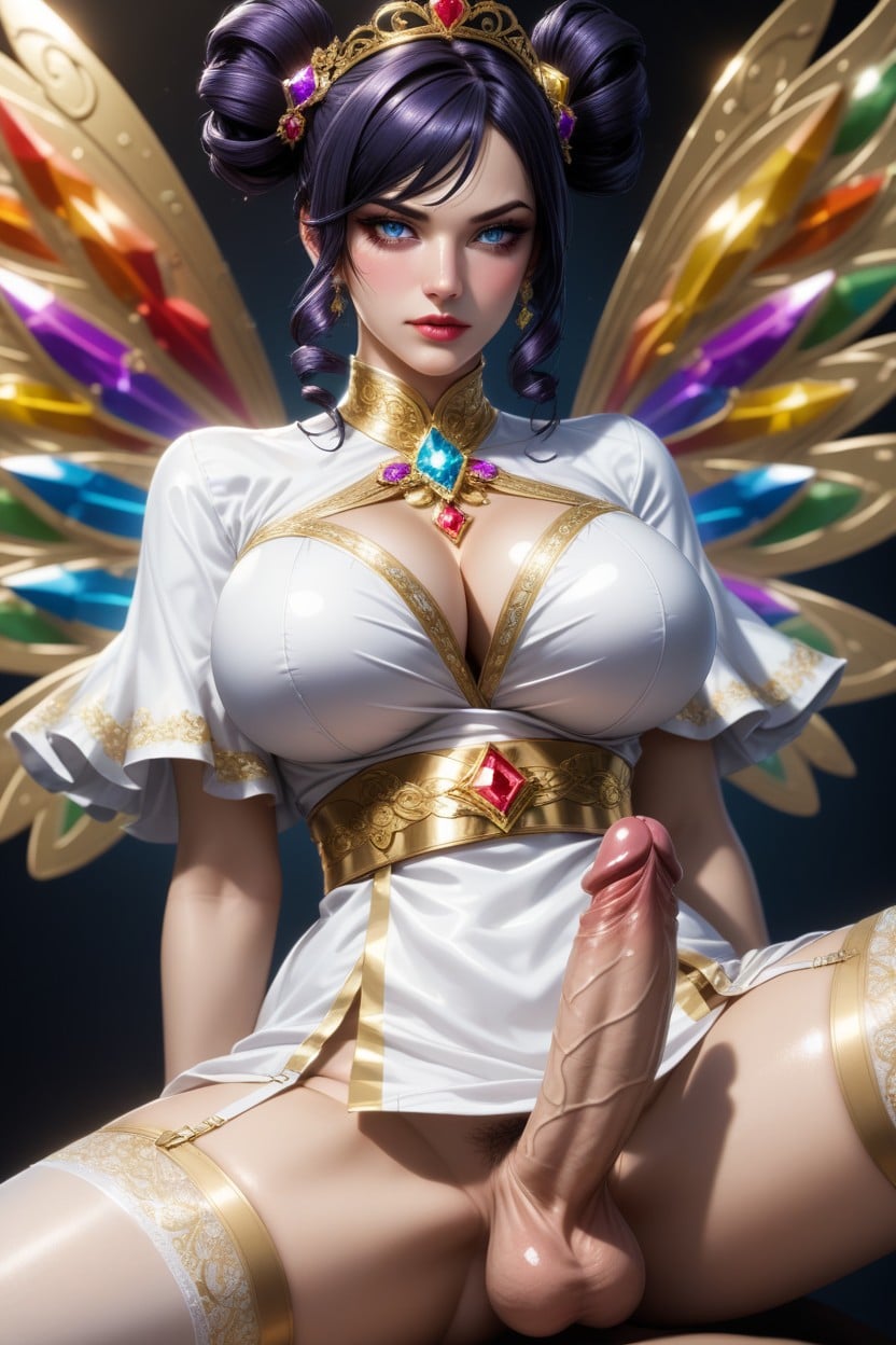 Lovely Charming Face, Sitting Down Legs Spread, White Tunic Hentai AI Porn