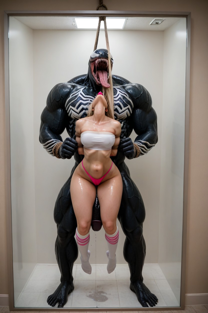 Suspended By Giant Monster Penis, Head Thrown Back, Pink Thong AI Porn