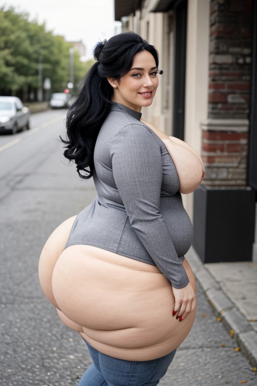 Huge Wide Hips, Black Jeans, Half Up Half Down Hairstyle AI Porn