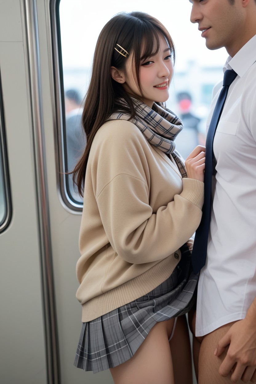 18+, Woman Wearing Checked Scarf, Waist Shot Asian AI Porn