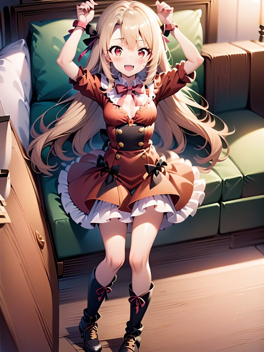 Living Room, Two Long Blond Hair Held By Black Hairpieces Bat Wings, Small Ass Hentai AI Porn