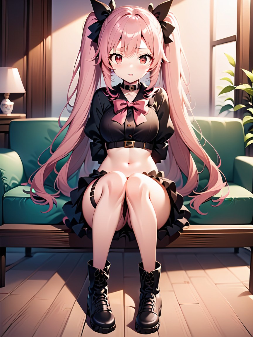 Grinning, Night, Frilly Style Dress With A Layer Of White Ruffles Over Black Ruffles Of The Skirt The Top Has A Raindrop Shape Opening On Her Chest Hentai AI Porn
