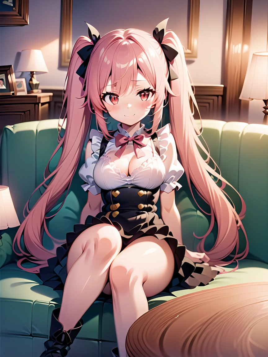 Living Room, Grinning, Two Long Pink Pigtails Held By Black Hairpieces Bat Wings Hentai AI Porn