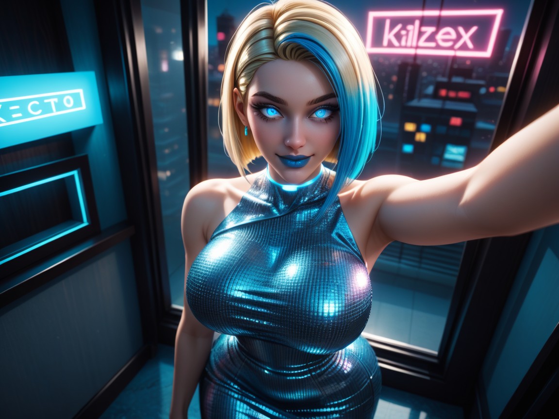 Top Down, Happy Face, Wearing A Blue Metallic Sequin Dress Hentai AI Porn