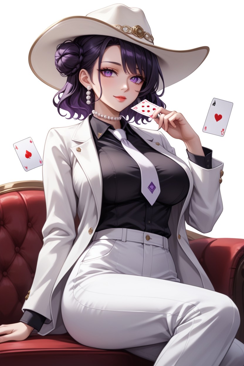 Purple Big Pretty Eyes, White Necktie, White Trousers Hentai AI Porn