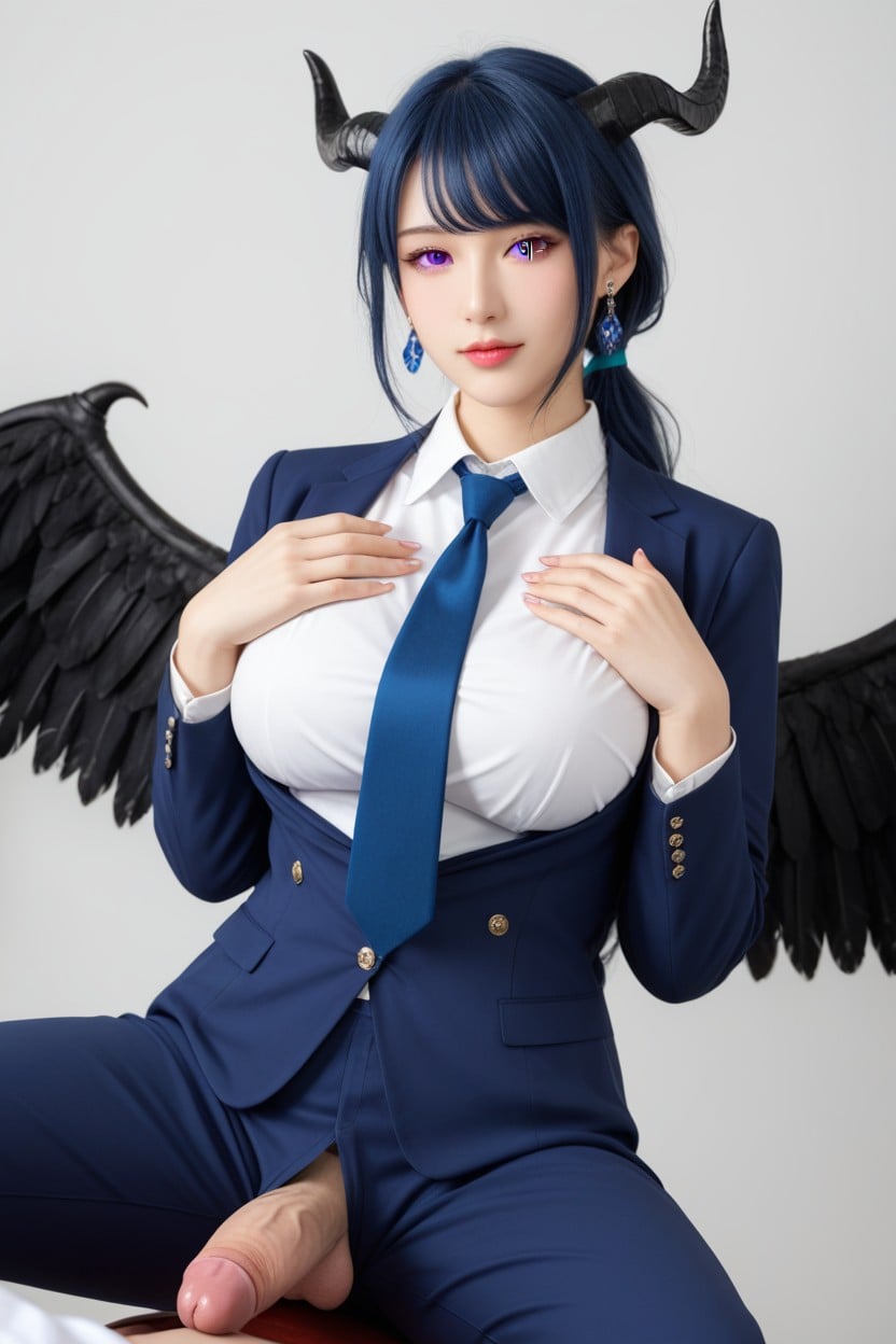 Black Wings, Perfect Penis, Wavy Low Ponytail Asian AI Porn