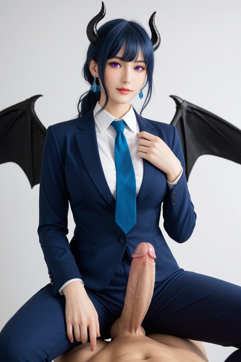 Pretty Purple Eyes, Dark Blue Jacket, Grinning Asian AI Porn