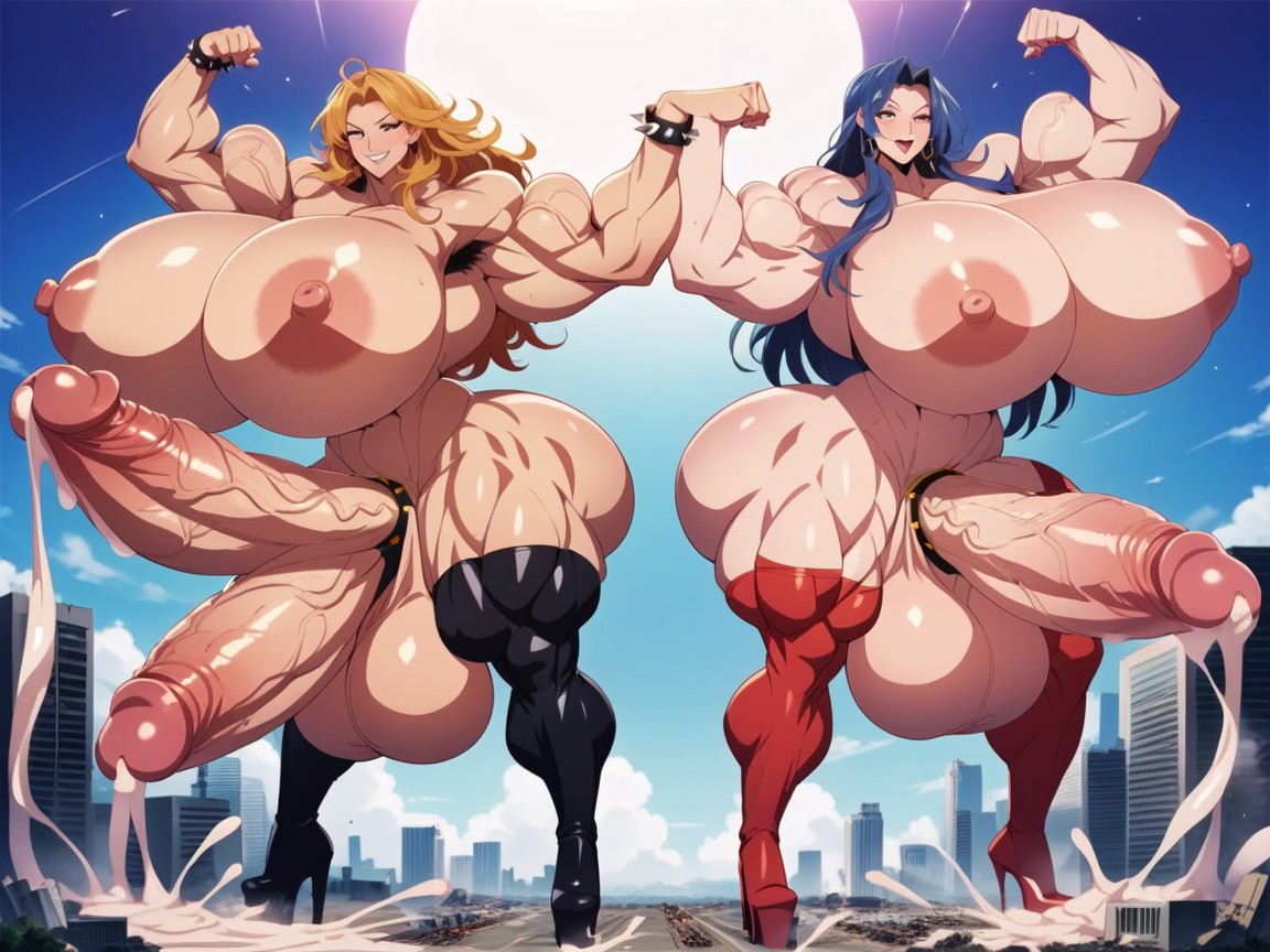 Flexing, Naked, Double Cock Shemale AI Porn