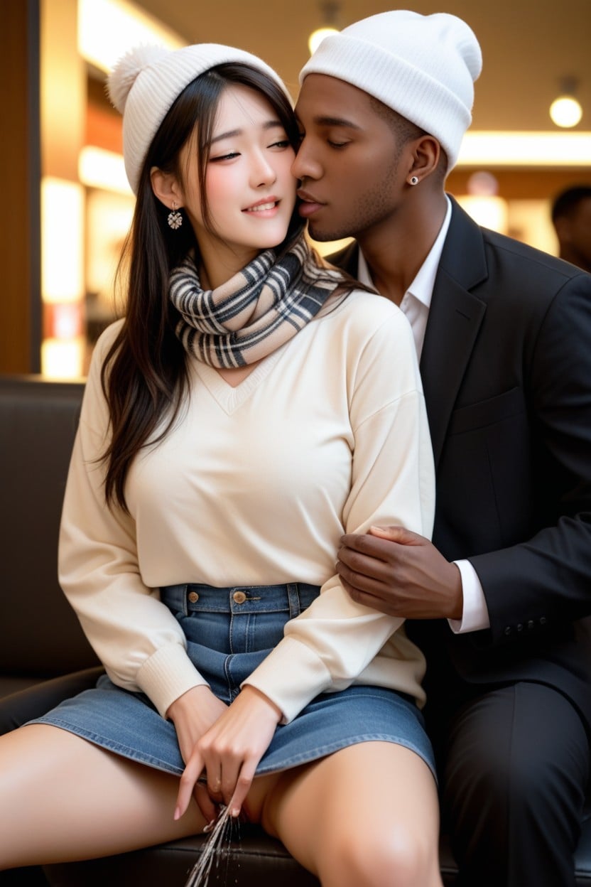 African Black Man, Earring, Woman Wearing Brown Fur Coat Asian AI Porn