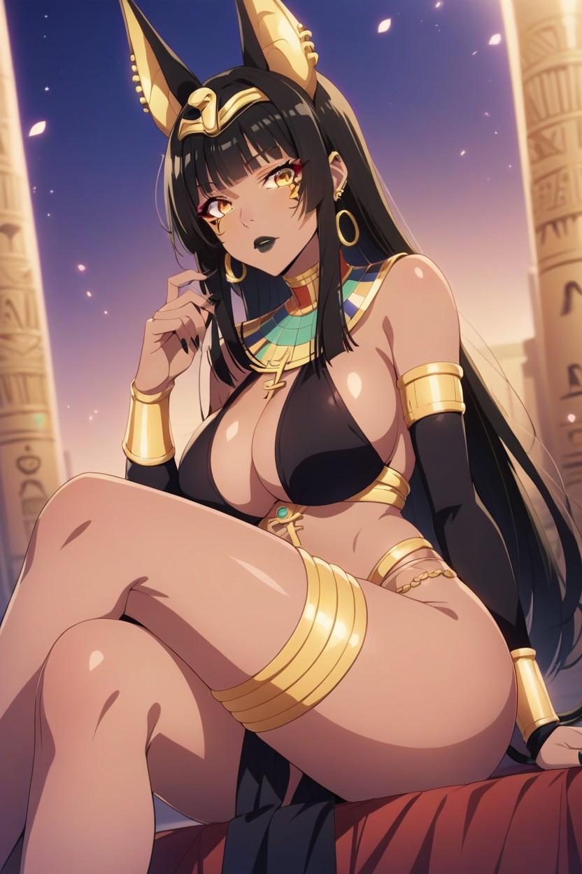 Yellow Eyes, Long Black Hair, Anubis Cosplay Hentai AI Porn