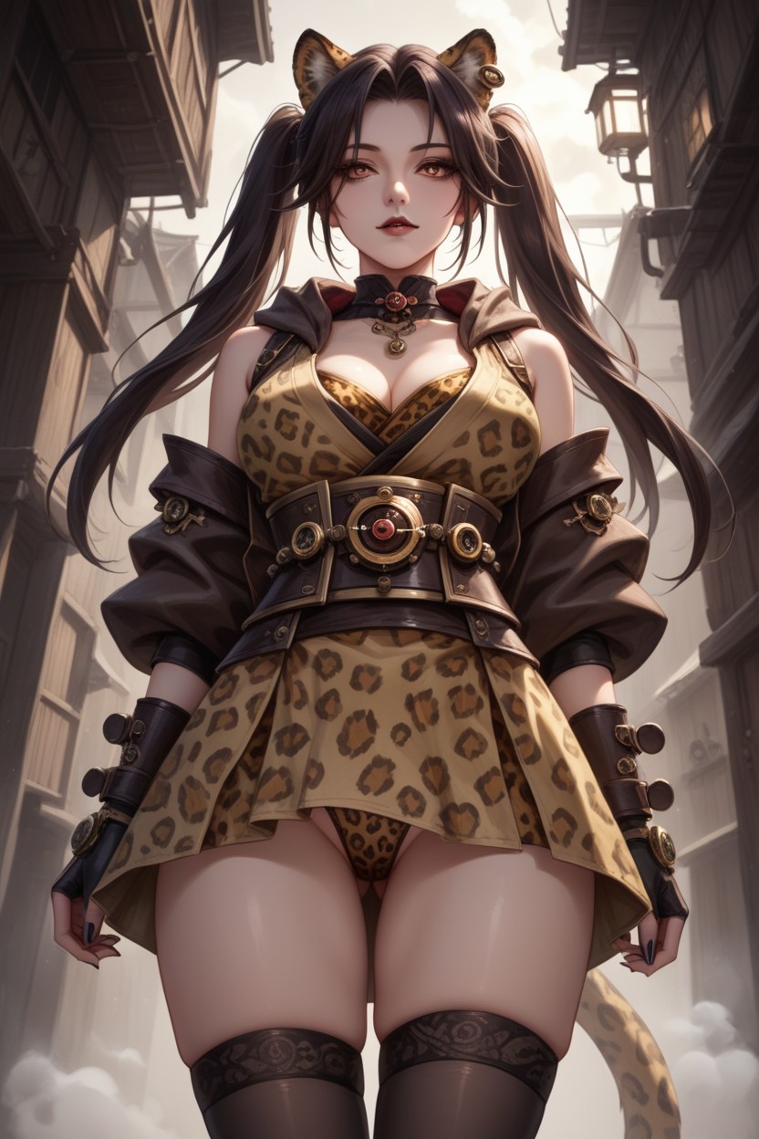 Black Nails, Slicked Brunette Pigtails, Leopard Pelt Hentai AI Porn