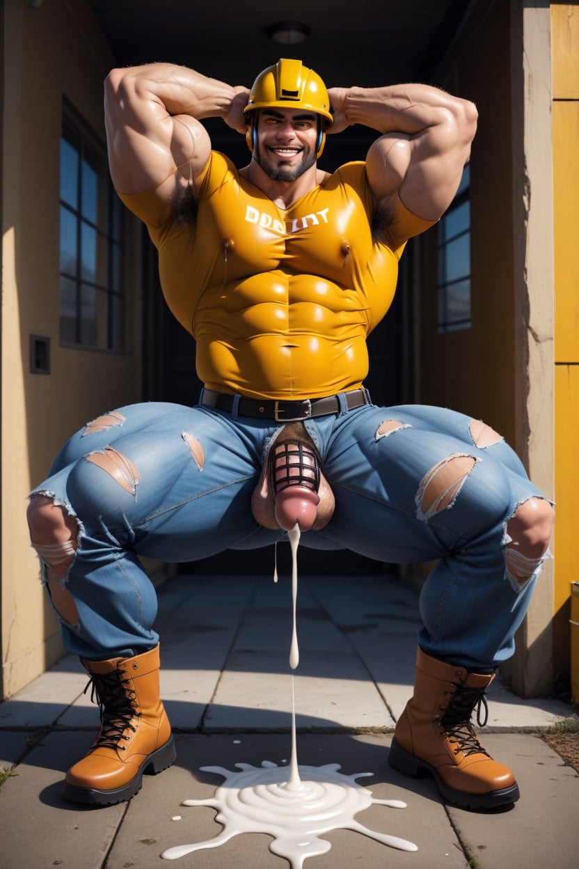 Feet Standing In Giant Cum Puddle, Orange Vest, Dawn AI Gay Porn