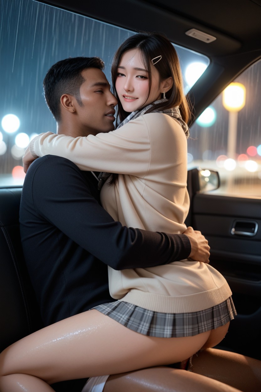 Wet Black Straight Hair, Pubic Hair, No Panties 아시아 AI 포르노