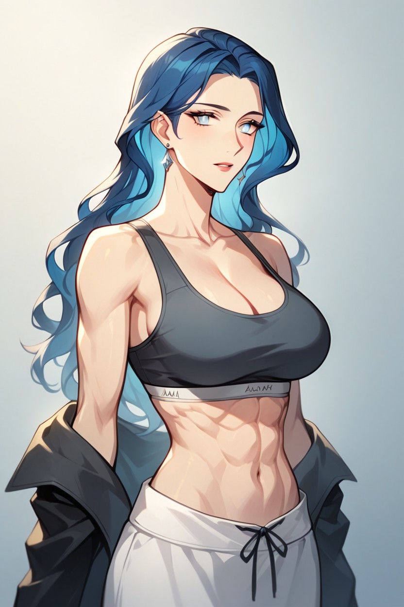 Fitted Sports Bra, Flowing Deep Blue Hair, Without Pupils Hentai AI Porn