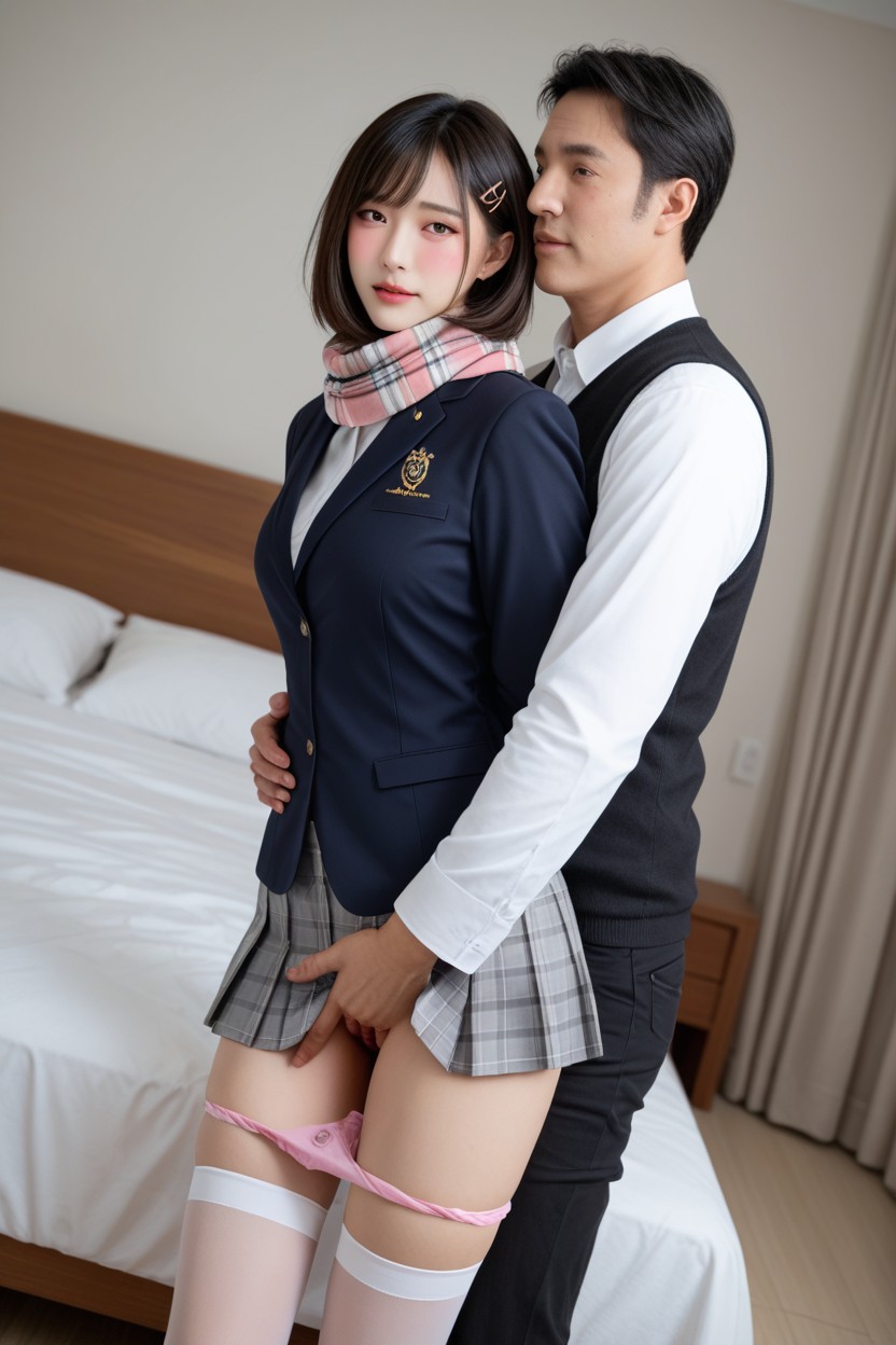 Man Is Bigger Than Woman, Man And Woman, Woman Wearing Checked Scarf アジアのAIポルノ