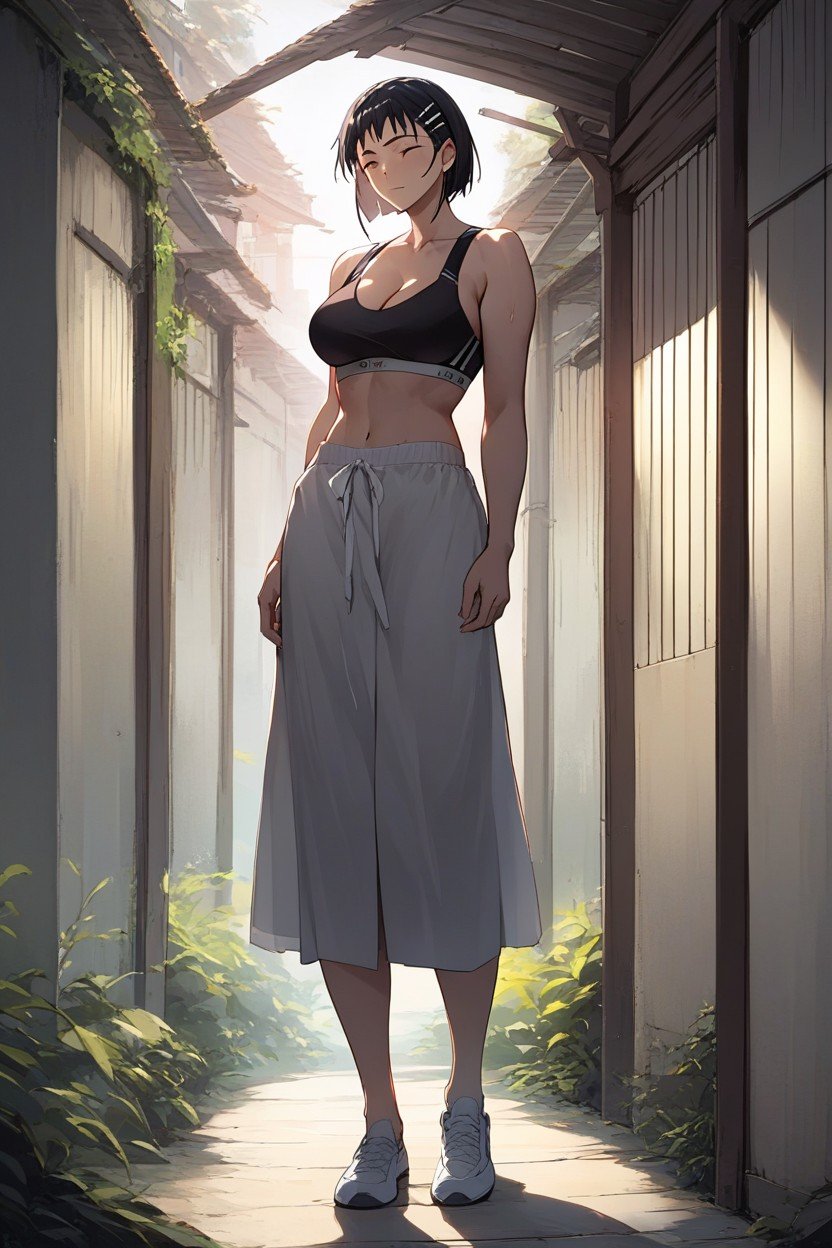 中午, 单人图, Suguha From Sword Art Online Is Wearing A Black Sports Bra Outdoors And Shyly Hiding Her Breasts With Her HandsAI黄漫