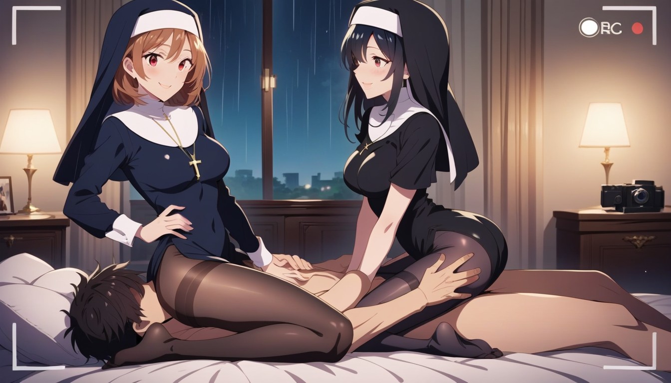 Nun, Camera View From Side, One Woman Black Hair Hentai AI Porn