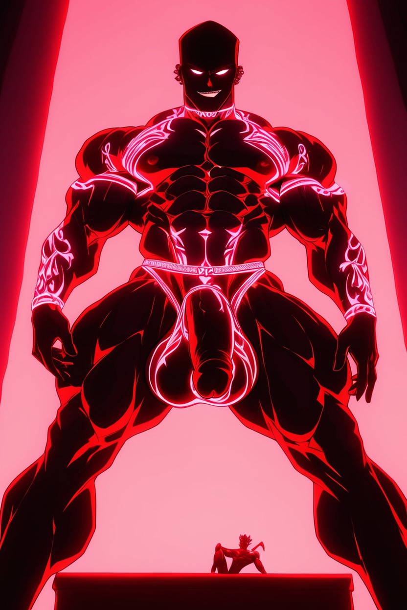 Slightly Smiling, Neon White Glowing Speedo, Big Muscles AI Gay Porn
