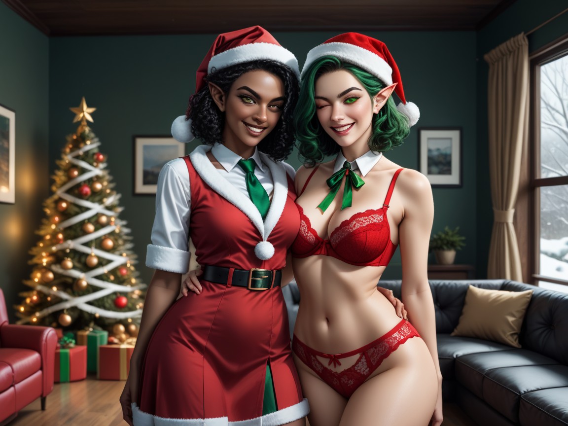 Christmas Elf Costume, Rectangle Body Type, Energetic Face Hentai AI Porn