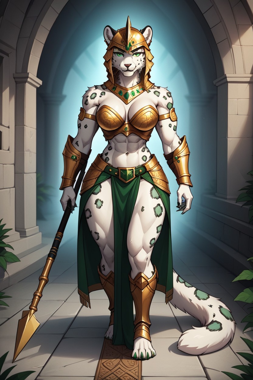 Bare Shoulders, Orange And Gold Ornamental Cloth Covering The Chest, Muscled Shoulders Abs And Thighs Furry AI Porn