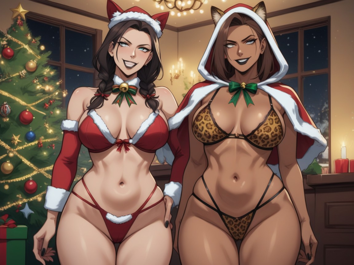 Modern City, Cat Ears, Christmas Decorations In Background AI Porn