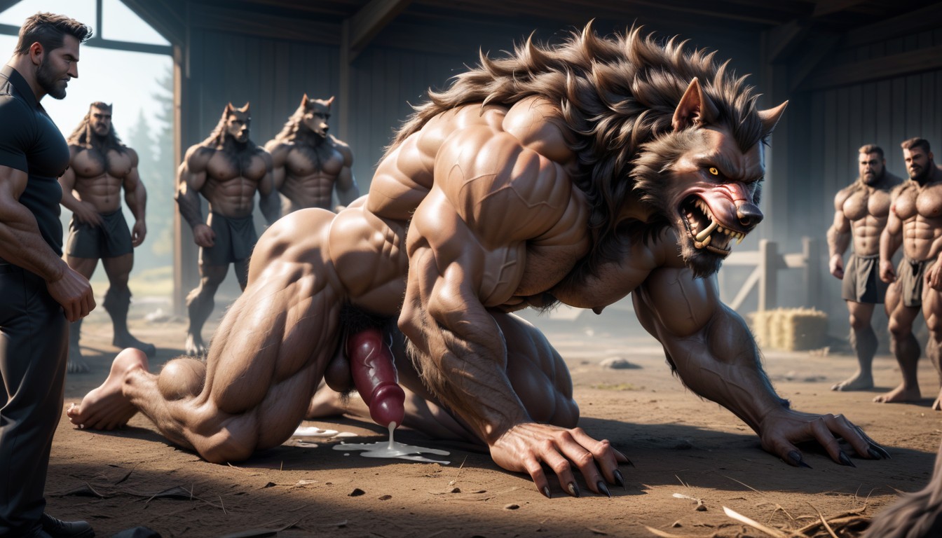 Werewolf Is On All Fours Above His Human Sex Partner, Muscular, Muscular Werewolf AI Gay Porn