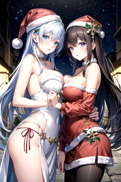 Santa Hat And Two Woman, One Woman, Side By SideヘンタイAIポルノ