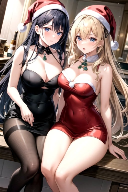 Red Santa Hat And Two Woman, Two Women Lined Up, Red Santa WomanHentai IA