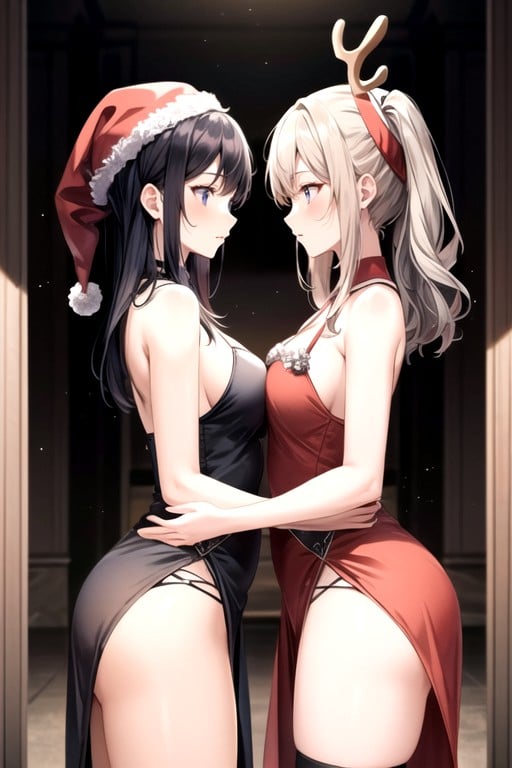 Red Santa Hat, Red Santa Woman, Brown Reindeer HeadbandHentai IA