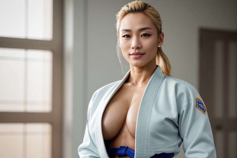 Blue Belt, She Is Smiling Confidently, Showing Her Boobs Through The Open Jacket Shemale AI Porn