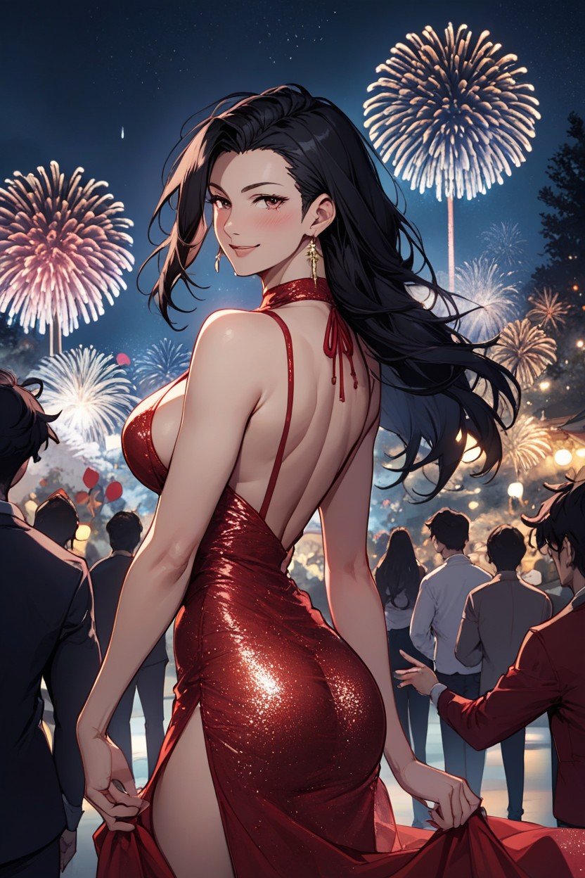 Modeling Pose, Medium Hip, Red Dress Hentai AI Porn