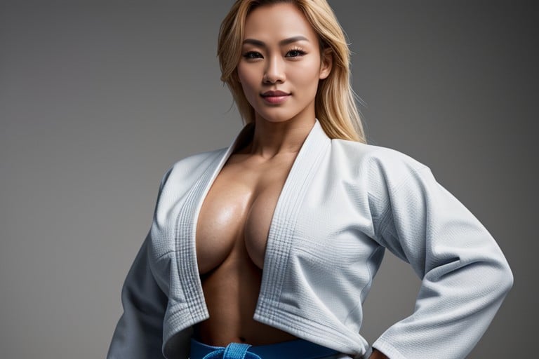 Full Body Image Of A Muscular Female Judo Fighter With Asian Features She Is A Thai Woman With Blonde Hair, A Bodybuilder Physique With Visible Abs She Is Wearing A Traditional Judo Uniform, Blue Belt쉬메일 AI 포르노