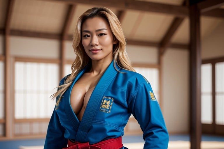 Full Body Image Of A Muscular Female Judo Fighter With Asian Features She Is A Thai Woman With Blonde Hair, A Bodybuilder Physique With Visible Abs She Is Wearing A Traditional Judo Uniform, The Top Is Wide Open And Shows Her Big Breasts And AbsPorno IA transsexuelle