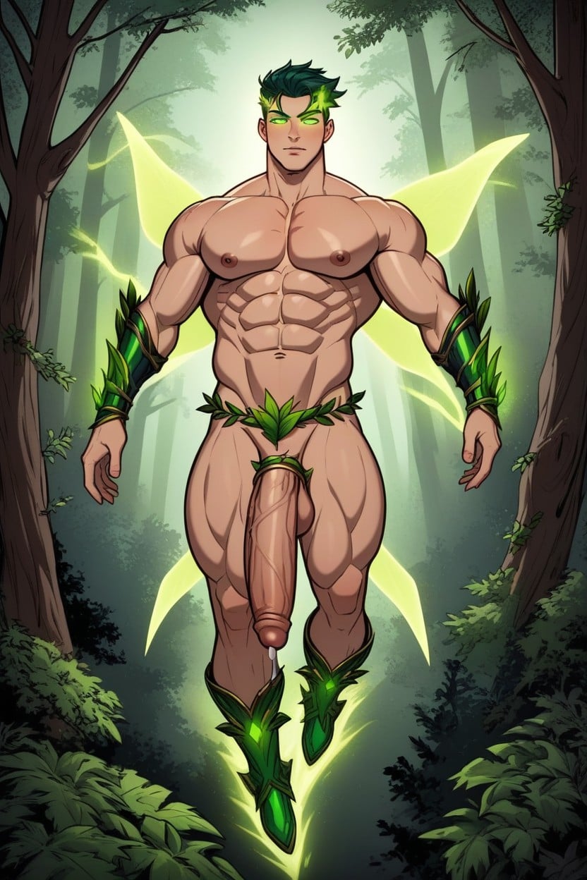 Downward Arched Flaccid Penis, Green Hair, Forest AI Gay Porn