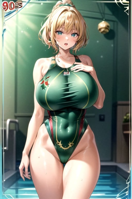 Huge Massive Natural Tits, Tight Green Christmas Swimsuit One Piece, Daylight Hentai IA pornografia