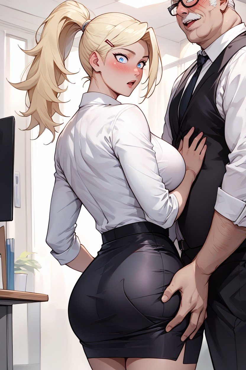 Pale Skin, Black Office Skirt, Ponytail쉬메일 AI 포르노