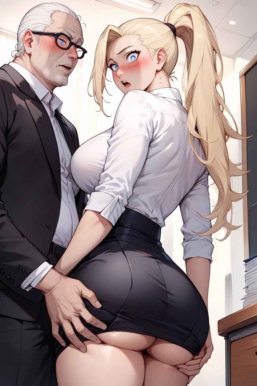 High Resolution, Black Office Skirt, PonytailAI黃漫