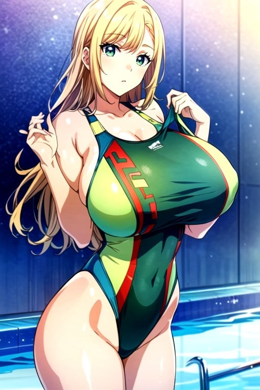 자연 가슴, Tight Green Christmas Swimsuit One Piece, Huge Natural Tits쉬메일 AI 포르노