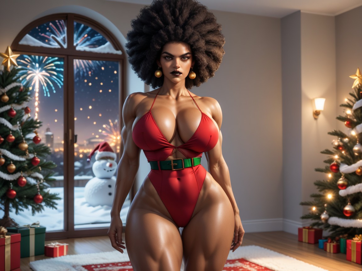 Wearing Camo Christmas Clothes, Dark Brown Skin, Strong Thighs Hentai AI Porn