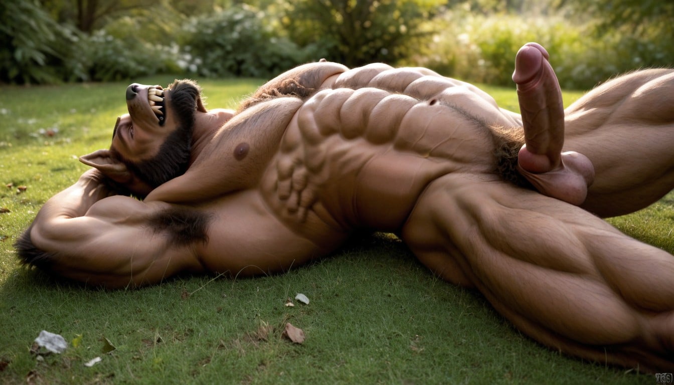 Werewolf Anthropomorphic, Werewolf Body Is Covered With Light Brown Fur, Grinning AI Gay Porn