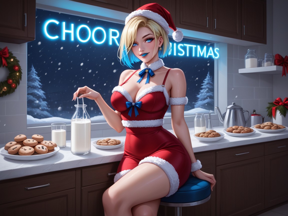 Wet Skin, Blue Christmas Lights In Background, Pale Skin Hentai AI Porn