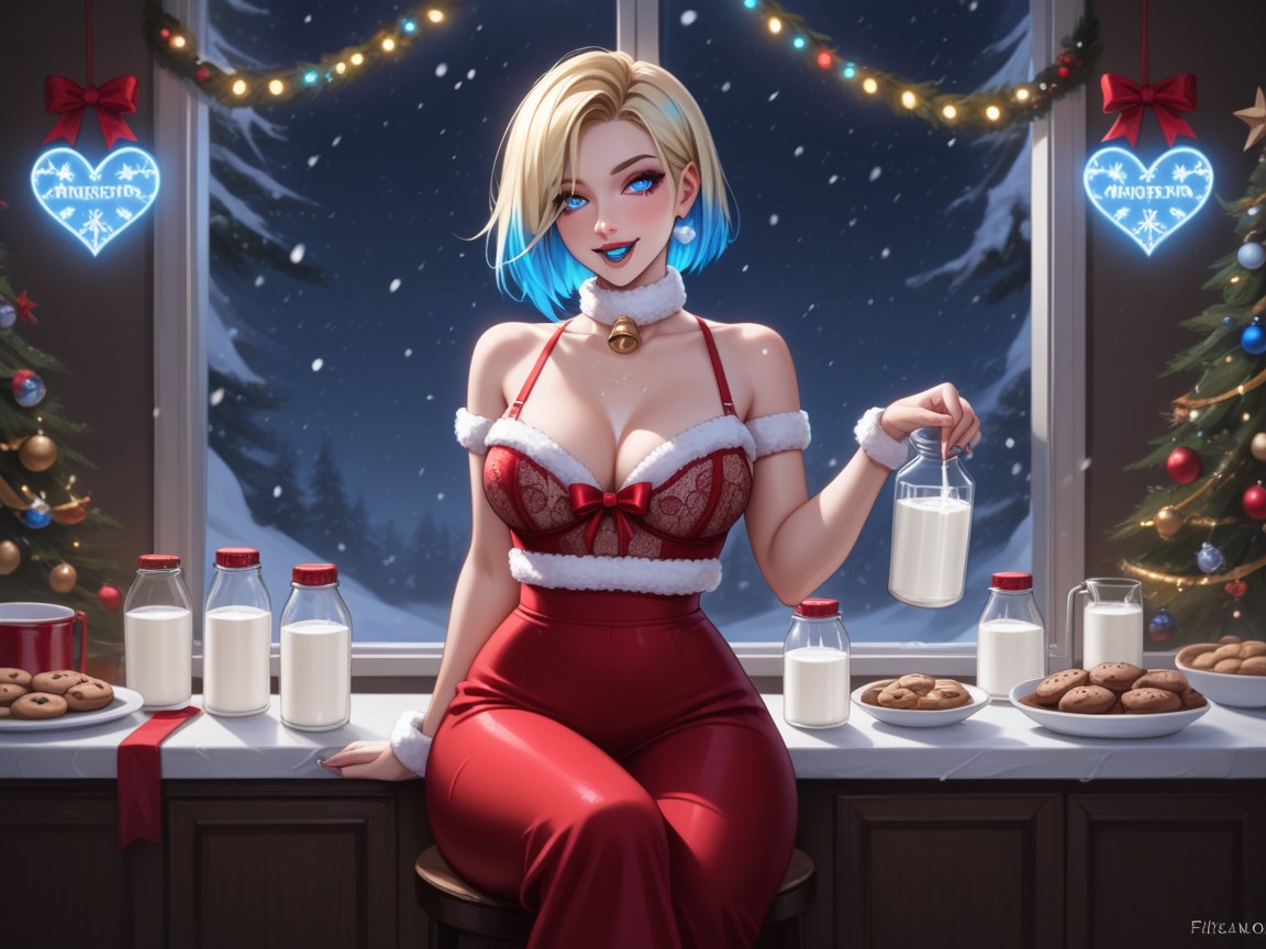 Rounded Breast, Christmas Decorations In Background, Saliva Trail From Womans Tongue Hentai AI Porn